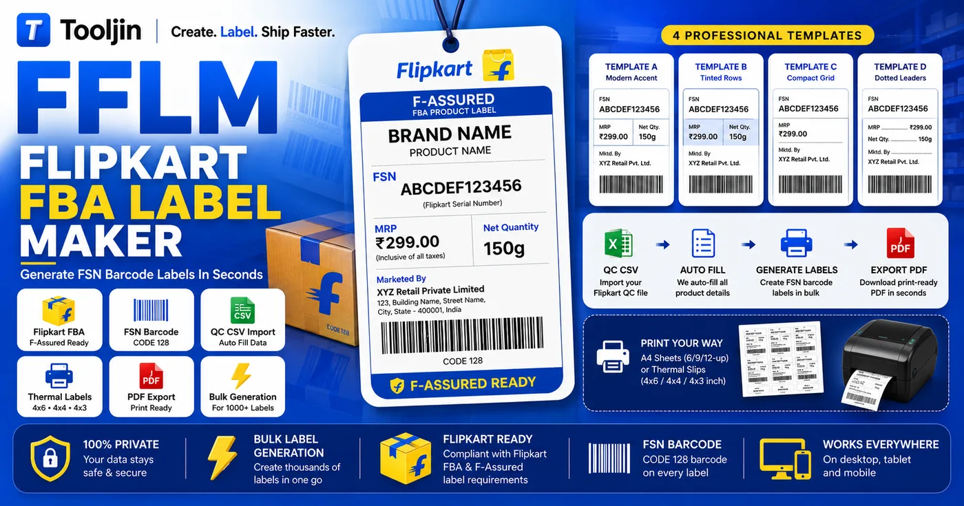 Flipkart FBA Label Maker overview — F-Assured FSN label with CODE 128 barcode, 4 professional templates, and the QC CSV import to print-ready PDF workflow