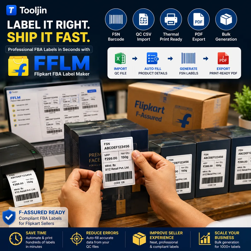 FFLM workflow — import the Flipkart QC file, auto-fill product details, generate FSN labels and export a print-ready PDF for F-Assured fulfilment