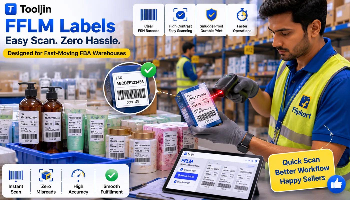 Warehouse staff scanning an FFLM Flipkart FBA label with a barcode scanner — clear FSN CODE 128 barcode and smudge-proof, high-contrast print for fast, accurate fulfilment