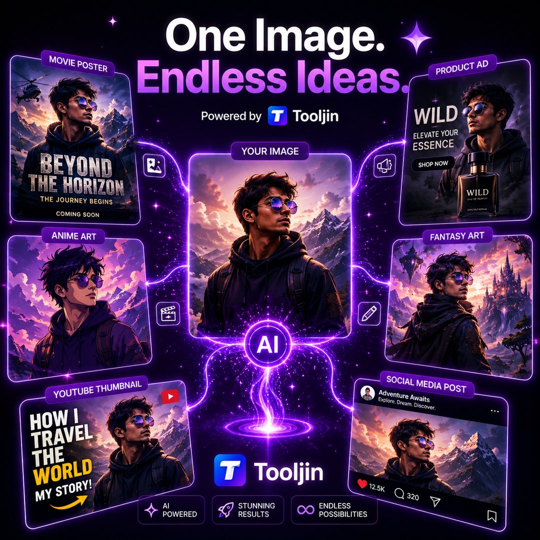 One image, endless ideas — turn a single photo into a movie poster, anime art, YouTube thumbnail, product ad, fantasy art or social post