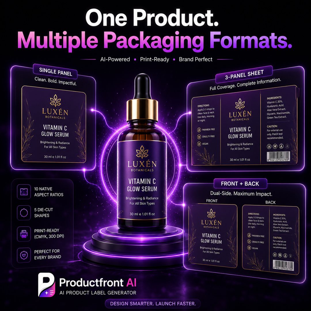 One product, multiple packaging formats — single panel, 3-panel sheet and front-and-back print-ready label layouts