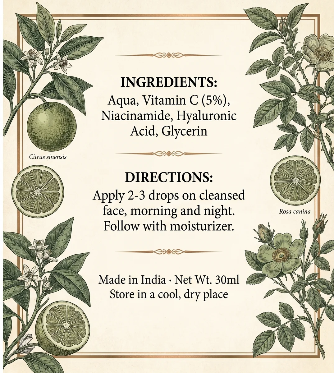AI-generated product label back panel — apothecary botanical ingredients and directions panel matching front design