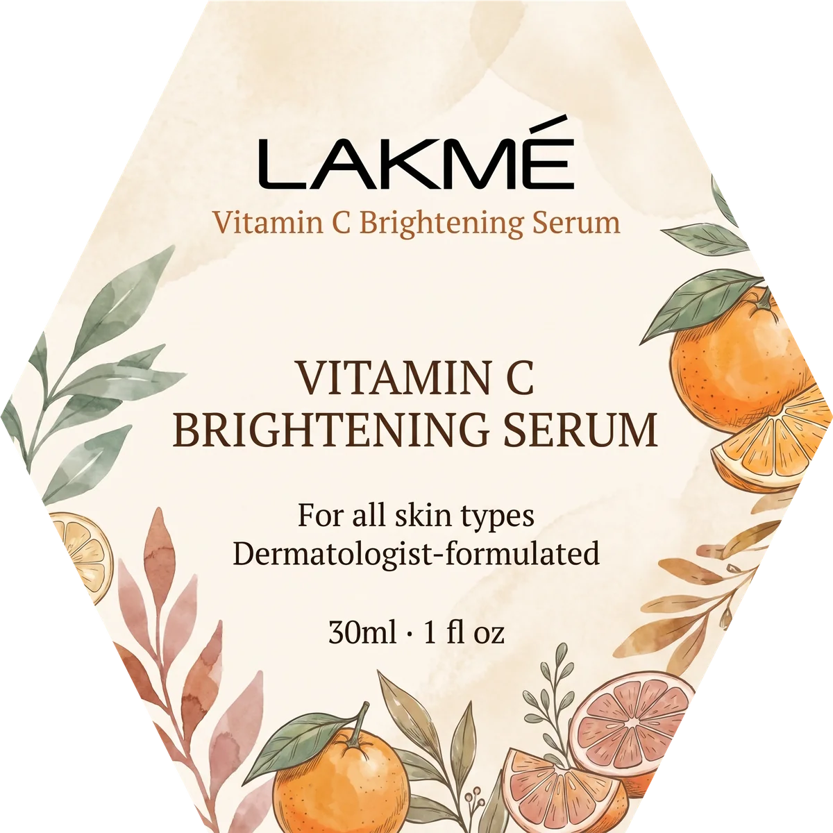 AI-generated hexagon product label sample — vintage botanical Vitamin C serum face with citrus illustrations, generated by Productfront AI