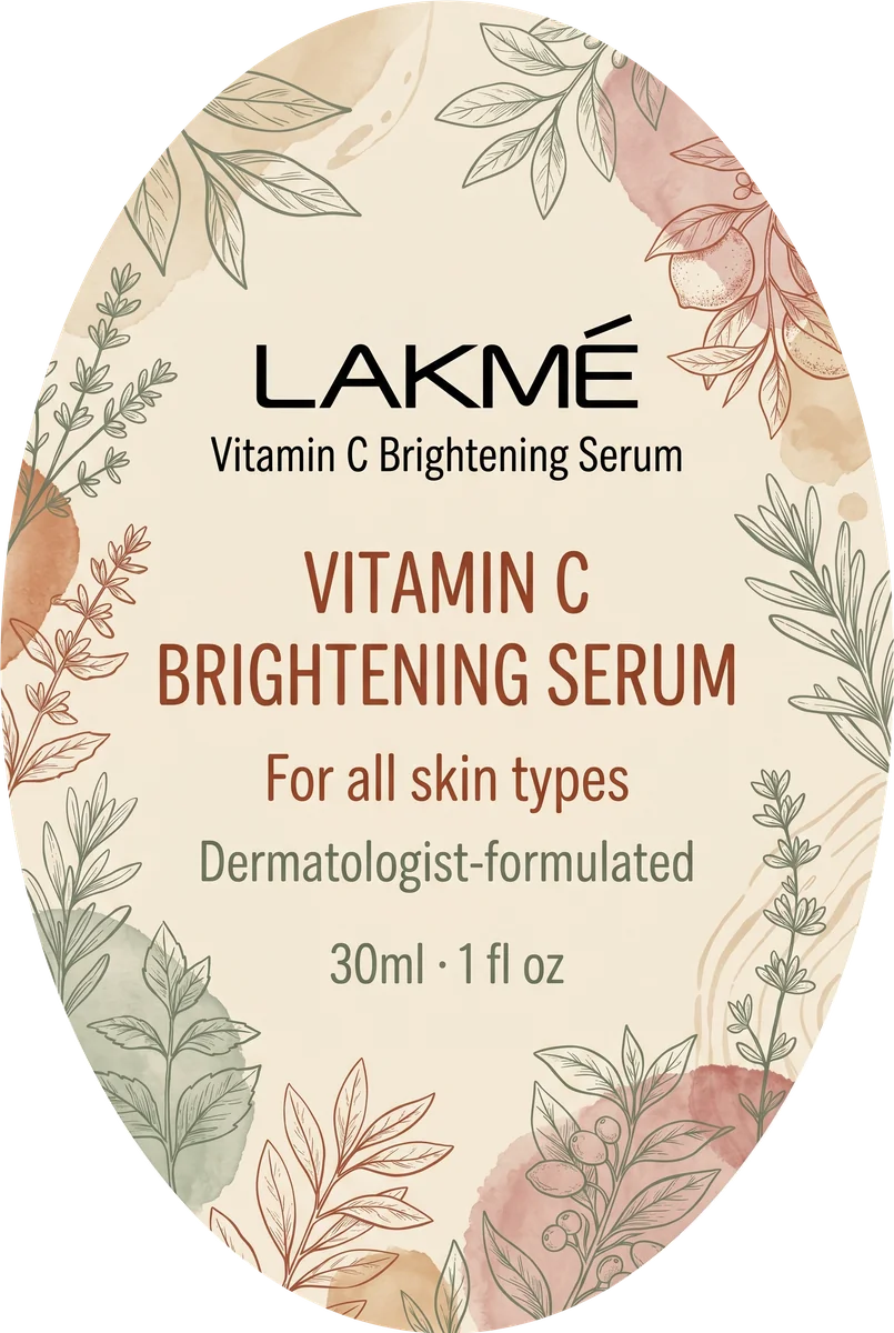 AI-generated oval product label sample — botanical Vitamin C serum label with line-art herb illustrations, generated by Productfront AI