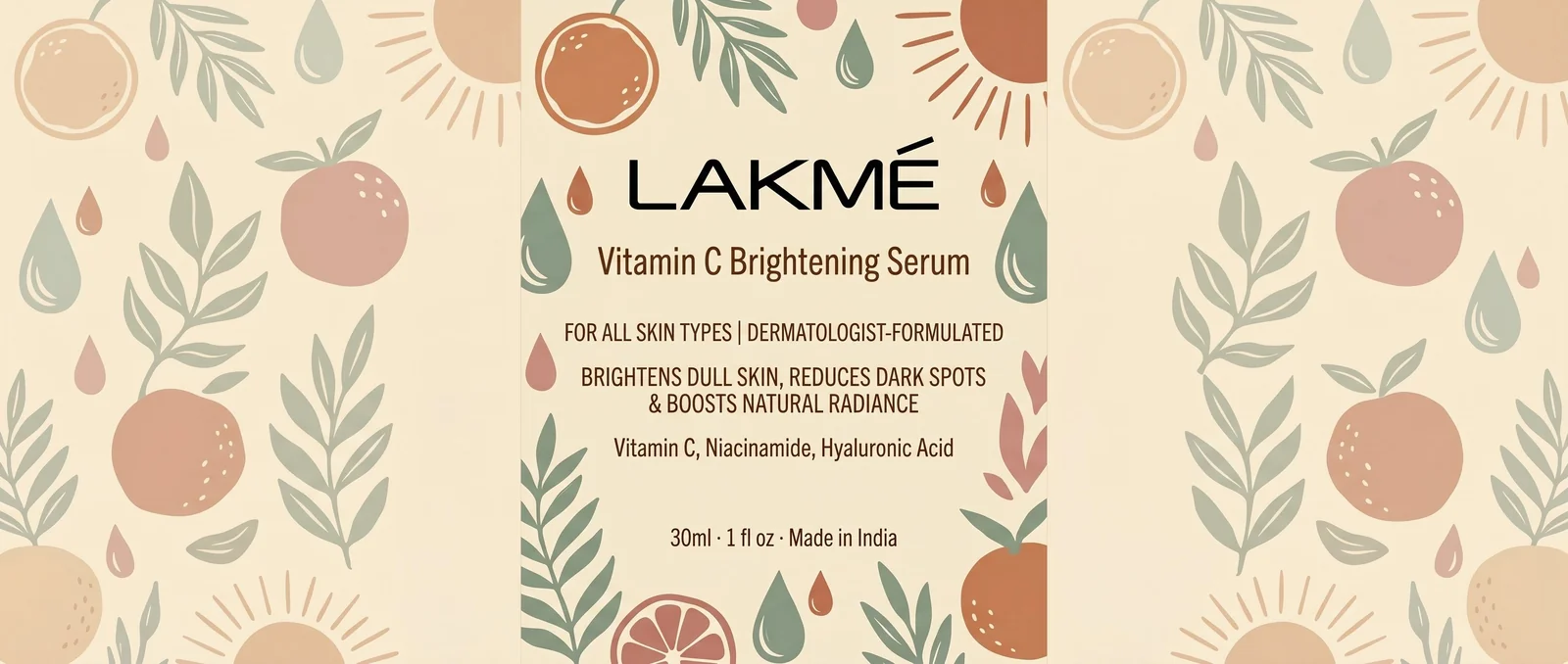 AI-generated 3-panel sheet product label sample — Vitamin C brightening serum wraparound design with watercolor citrus pattern, center label flanked by text-free decorative side panels, generated by Productfront AI