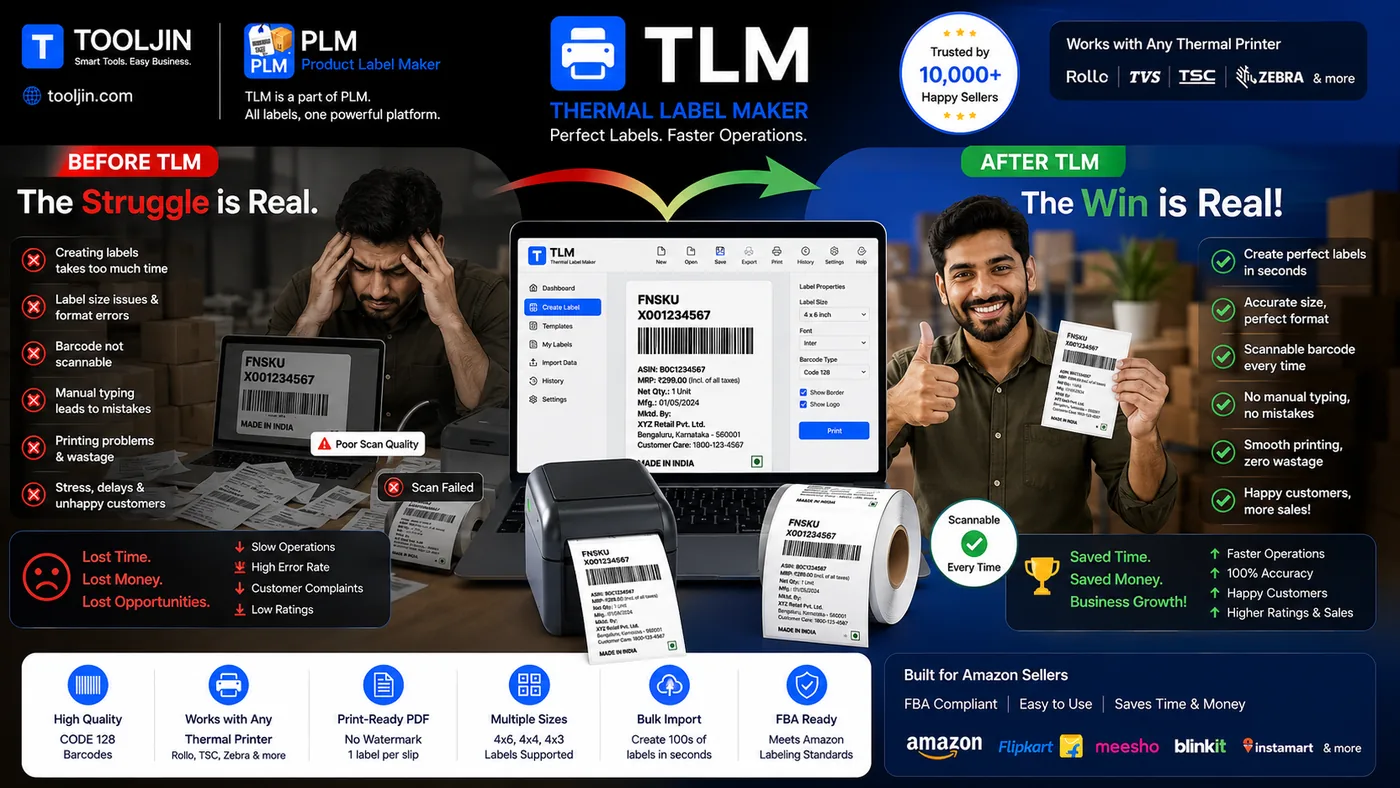 Before and after TLM Thermal Label Maker — left: slow manual labelling with unscannable barcodes and wasted prints; right: perfect, accurately sized, scannable thermal labels created in seconds