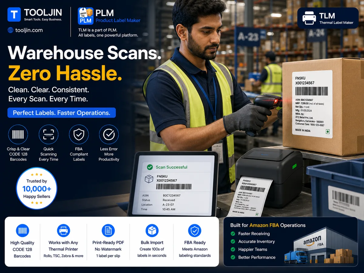Warehouse staff scanning a TLM thermal label with a barcode scanner — crisp CODE 128 barcode and high-contrast direct-thermal print for fast, accurate intake