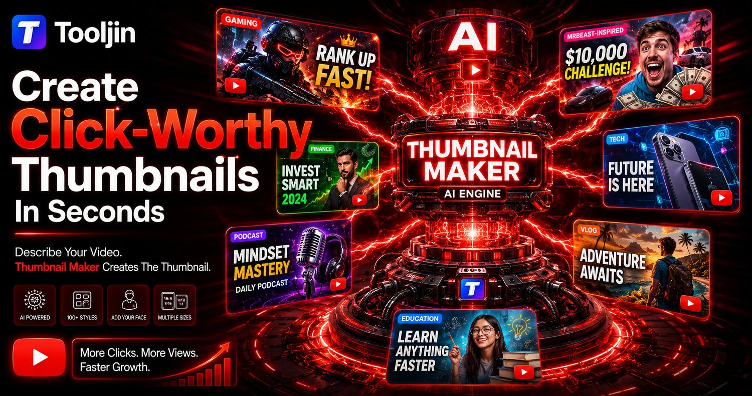 Create click-worthy YouTube thumbnails in seconds with Tooljin's AI Thumbnail Maker for gaming, finance, tech, vlog and more